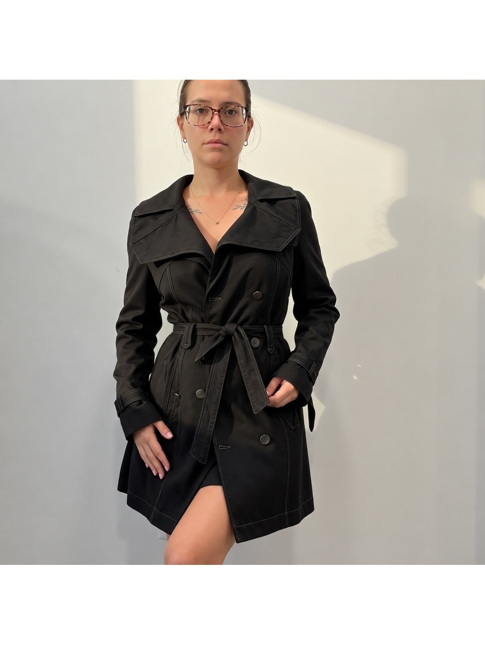 Tahari Black Belted Trench Coat Classic Tailored Jacket